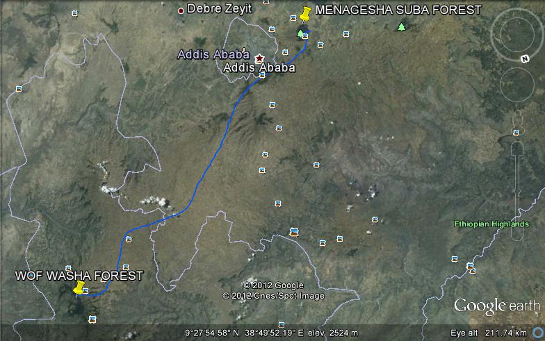 Google Earth view of The Zara Yacob Trail